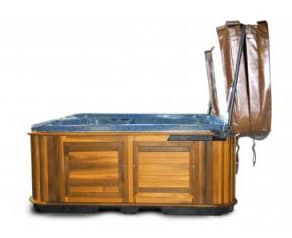 An open hot tub with a cabinet mount assist 